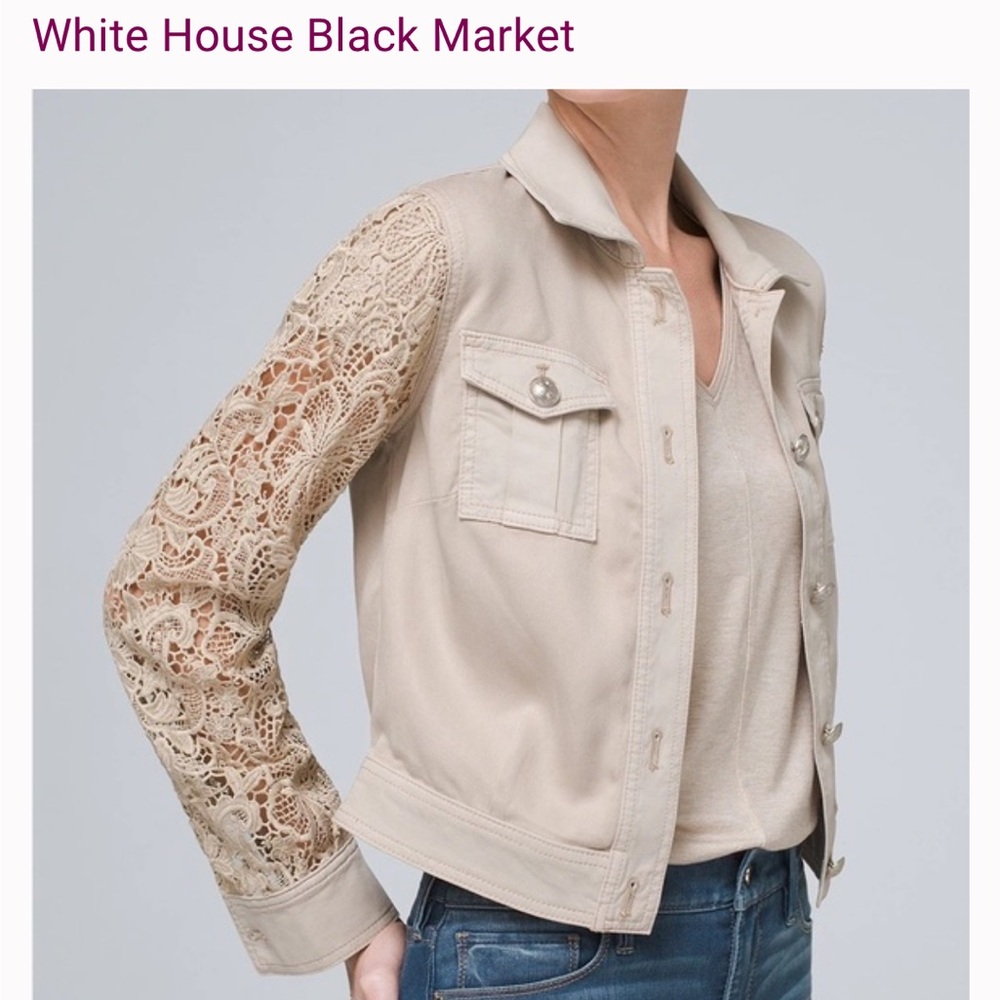 White House Black Market Jacket Tan Lace Sleeves  Pockets Moto Style 2